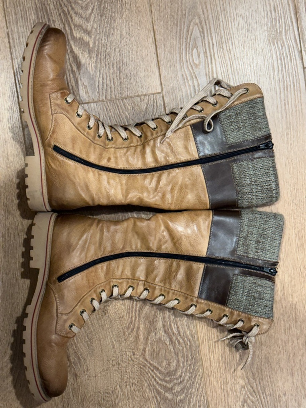 Rieker Tan Leather Lace-Up with grey Knit Cuff - Picture 3 of 7